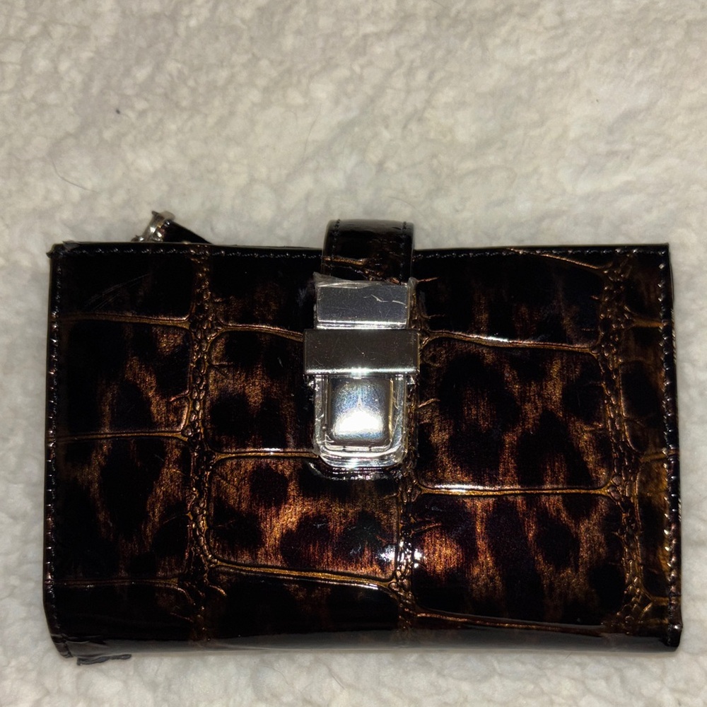 Leather Leopard Print Wallet with Silver Accent